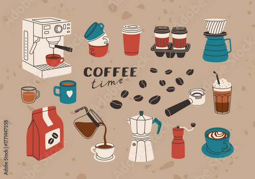 Coffee elements set with equipment, coffee machine, cups, kettle, beans, mugs, coffeemaker, grinder. Vintage stickers collection. Modern doodle items for card, menu, print, cafes, coffee shop design