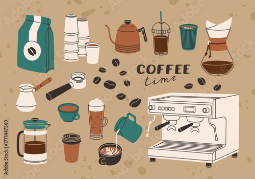 Coffee elements set with equipment, coffee machine, cups, kettle, beans, mugs, french press, milk pitcher. Vintage stickers collection. Modern doodle items for menu, print, cafes, coffee shop design