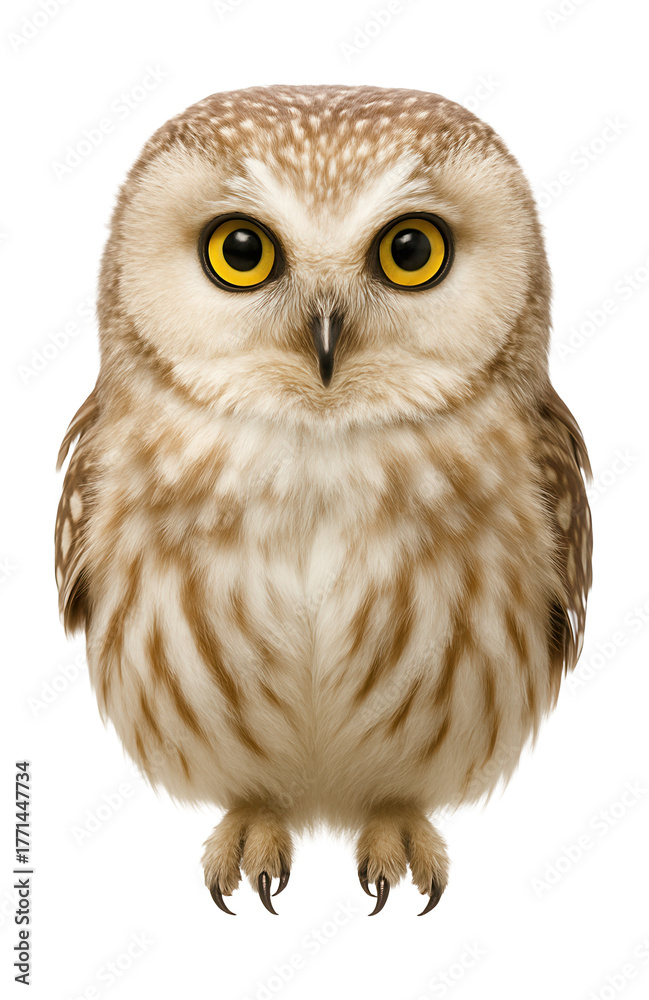 Obraz premium Small owl with bright yellow eyes and a light-colored face.
