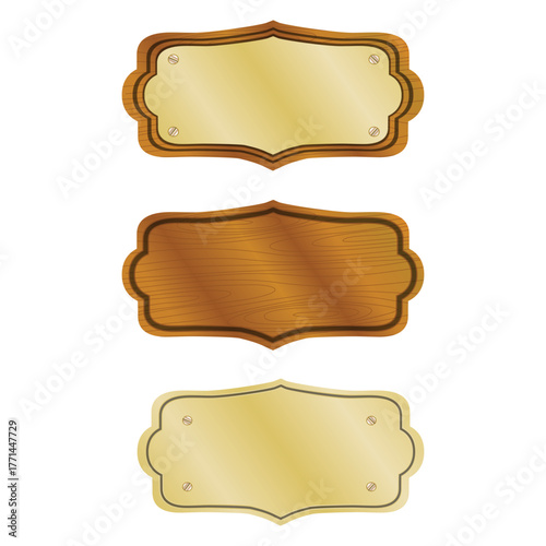 wooden nameplates of various shapes. Vector illustration isolated on a white background.