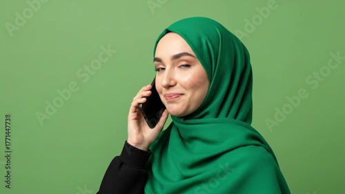 Smiling woman in green hijab talking on smartphone in studio setting
