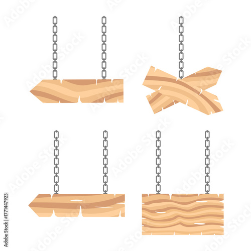 Signboards vector set. Wooden boards with chains for banners or messages hanging.