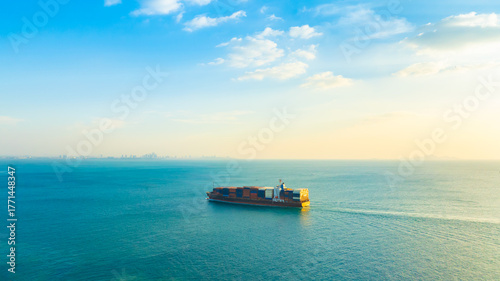 Aerial view of the freight shipping transport system cargo ship container. international transportation Export-import business, logistics, transportation industry concepts	