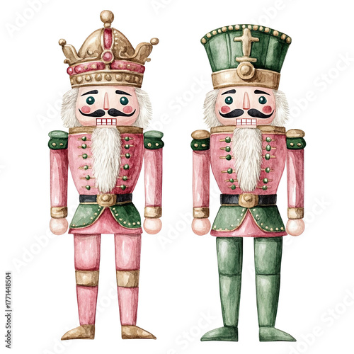 Two traditional wooden nutcracker figures with ornate crowns and uniforms isolated on transparent background