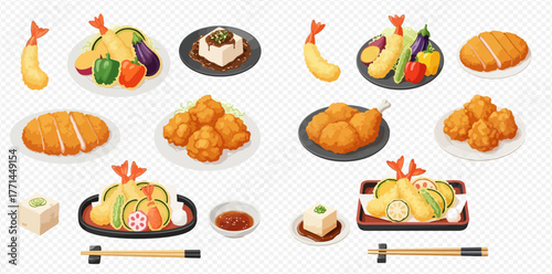 Illustration of Japanese cuisine featuring tempura, tofu, and fried chicken on plates.