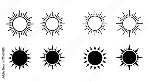 Vector Illustration of Sun Icons Set: Radiant Sunshine Symbols for Summer and Weather Design