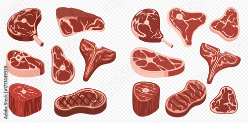 Assortment of raw meat cuts, including steak, t-bone, and ribeye, displayed on a transparent background.