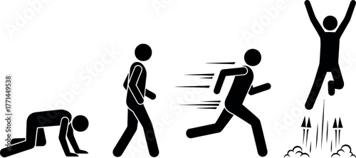 Vector Illustration of Human Movement Stages: Crawling, Walking, Running, Jumping, Success