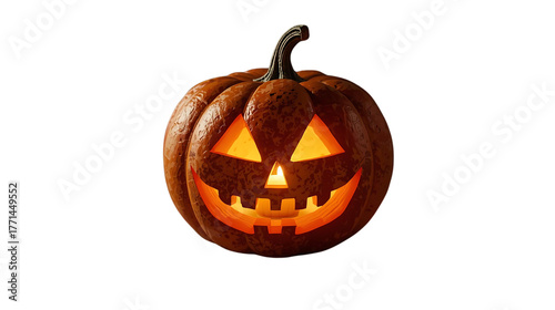 Realistic carved pumpkin with glowing candle inside, transparent background, soft shadow below.