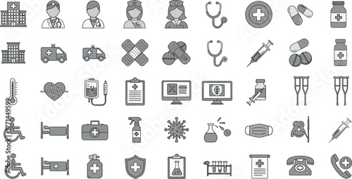 Vector Illustration of Medical Icons: Healthcare, Hospital, Doctor, Nurse, Stethoscope, Pills, Virus