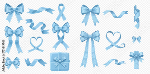 Collection of light blue ribbons and bows, including heart-shaped ribbon and gift box with bow.