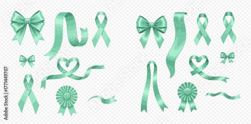 Collection of mint green ribbons and bows for decoration and awareness.