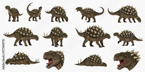 Illustration of Ankylosaurus dinosaurs in various poses and angles, showcasing their armored bodies and unique features.
