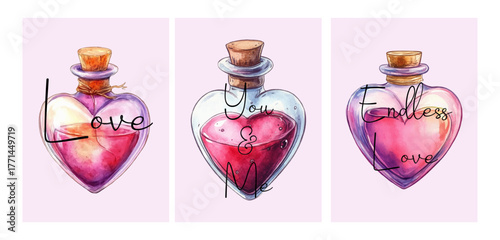Set of romantic Valentine's Day cards. Flasks with love potion in the shape of a heart and with romantic inscriptions. Symbols of love and romance. Happy Valentine's Day.