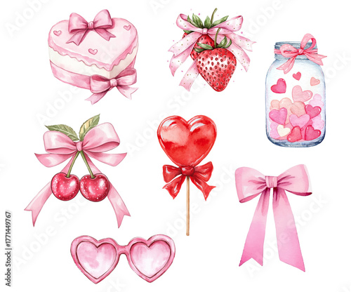 Romantic watercolor set of coquettes. Heart cake, glasses, strawberries, lollipop, bow, cherries and a jar with hearts. Cute elements of love and romance. Coquette and Valentine's Day cliparts.