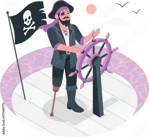Cartoon pirate captain with eyepatch and peg leg at ship's wheel steering