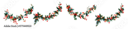 Watercolor set of Christmas garlands from holly branches. Green garland with berries and holly leaves. Natural Christmas elements on a green background. Christmas greenery decor.