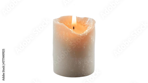 Single white candle half melted, flame glowing, transparent background.
