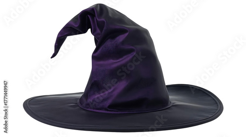 Classic  witch hat with curled tip, realistic fabric texture, isolated on transparent background.