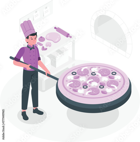 Chef placing pizza into oven with ingredients and tools cooking baking