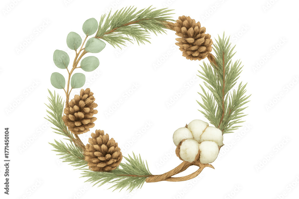 Fototapeta premium Christmas winter wreath with pine cones, cotton and eucalyptus creating festive watercolor botanical arrangement