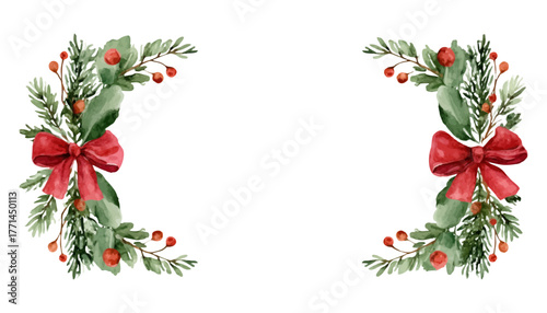 Watercolor cut frame png. Cut frame of fir needles, holly and red berries decorated with a red bow. Frames for holiday greetings, cards and banners.