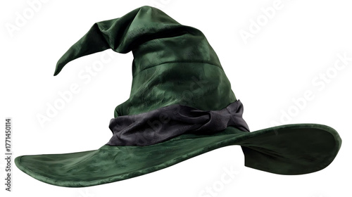 Classic  witch hat with curled tip, realistic fabric texture, isolated on transparent background.