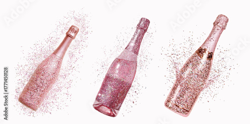 Watercolor set of pink champagne bottles with sparkles. Champagne bottle with scattered pink sparkles and glitter. Romantic alcoholic drinks. Sparkling wine coquette.