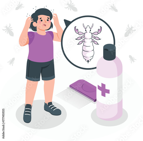 Child Itching Head Surrounded by Lice and Treatment Bottle amico