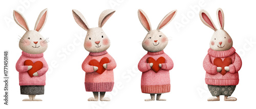 Cute cartoon rabbits with hearts watercolor. Romantic bunnies in pink sweater holding red heart. Cute romantic characters. Bunnies for Valentine's Day.