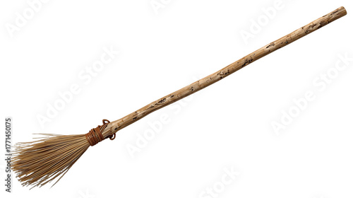 Realistic wooden broomstick with straw bristles, old and rustic, isolated on transparent background