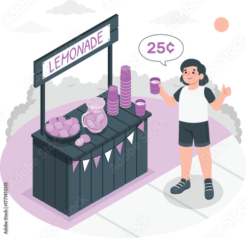 Child running a lemonade stand with lemons pitcher and cups priced at 25 cents selling drink