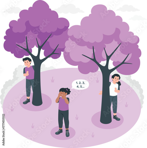 Children playing hide and seek behind purple trees counting game outdoors