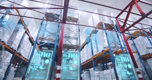 Cold storage food warehouse inside. Smart frozen storage warehouse. Smart cold chain logistics concept. Artificial intelligence manages a warehouse. Futuristic warehouse concept. Automation. 