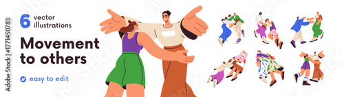 Happy people meeting, going towards to embrace. Friends, couples glad to see each other, hugging, reconciling. Reunion and warm greeting concept. Flat vector illustration isolated on white background