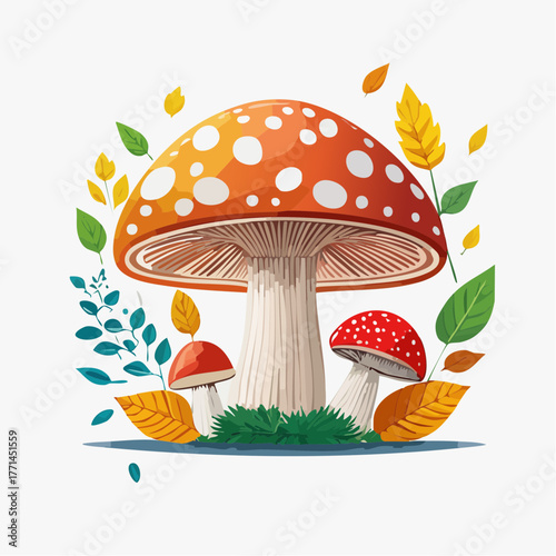 Charming fairy tale mushroom illustration featuring a large orange toadstool and smaller red fungi nestled in moss, surrounded by colorful autumn foliage