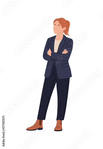 Minimalist vector of a professional in navy blazer and black pants, standing confidently with arms crossed. Flat 2D style, clean lines, modern business illustration on transparent background.