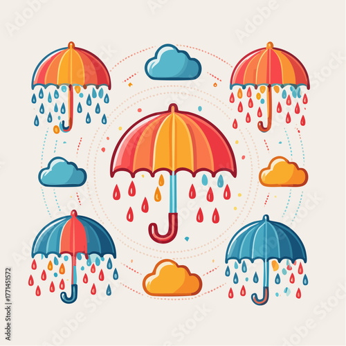 Colorful umbrella illustrations with falling raindrops and stylized clouds, creating a whimsical weather-themed collection for seasonal designs and graphic elements