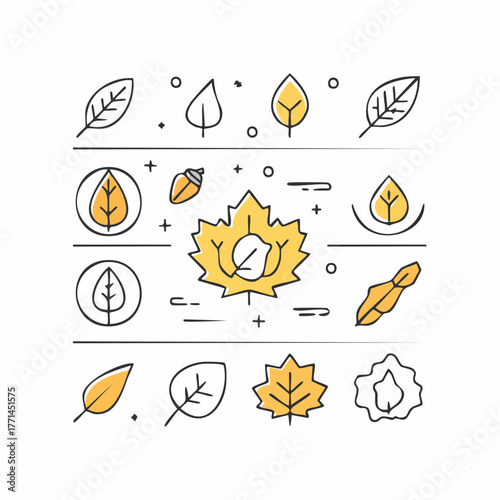 A Modern Collection of Vector Autumn Leaves and Acorns Minimalist Line Art Icons Featuring Vibrant Seasonal Foliage for Nature-Inspired Graphic Design Projects and Digital Assets