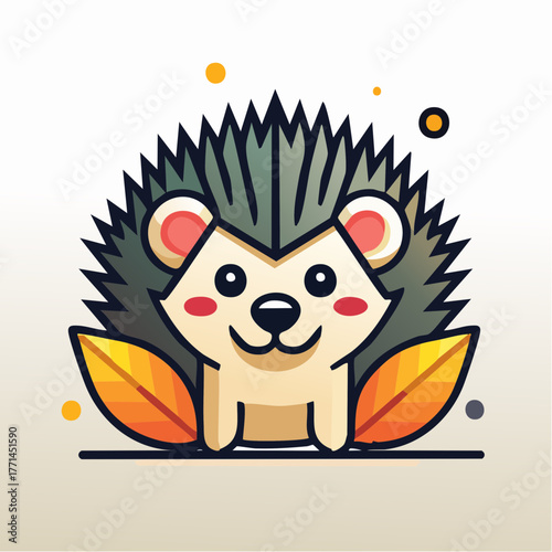 Cute Kawaii Hedgehog Illustration with Autumn Leaves, Adorable Woodland Creature Mascot Art