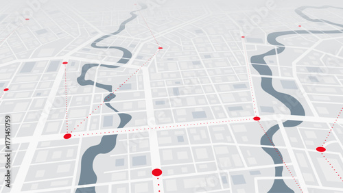 Perspective GPS navigation on a city map with red location markers. Vector illustration.