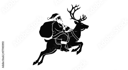 Joyful Santa Claus rides a leaping reindeer through the night sky with a sack of gifts.