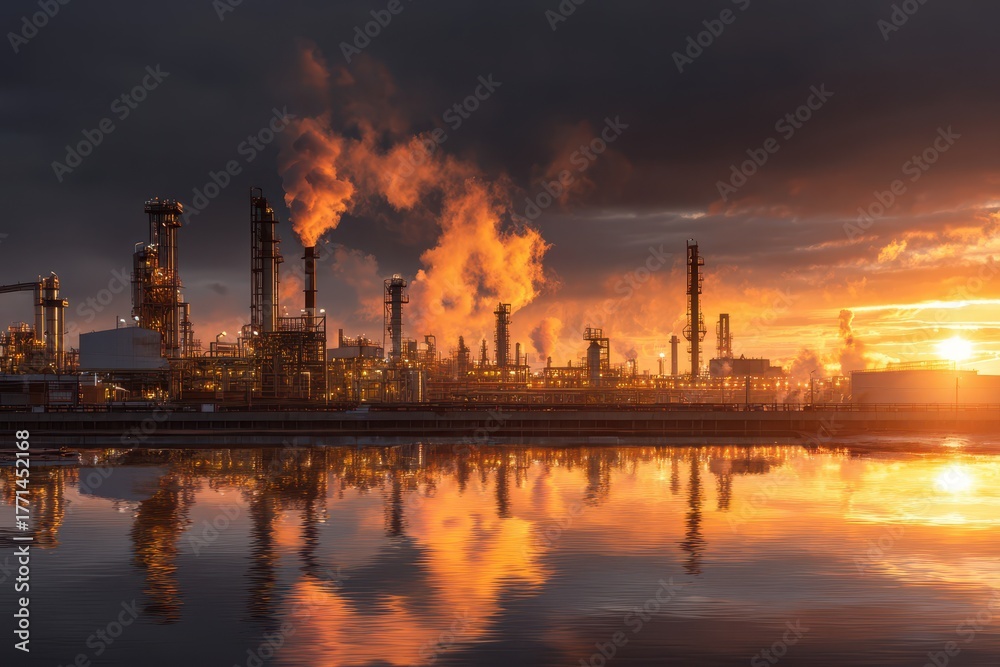 Naklejka premium Wastewater Management. Petrochemical Industrial Estate with Treatment Plant on Sunrise Sky