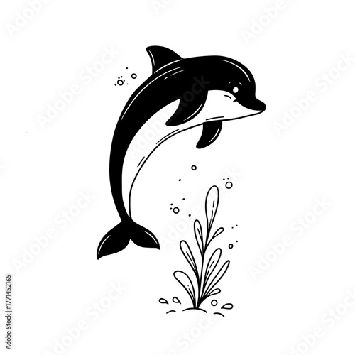 Dolphin. Dolphin simple black and white line art vector logo