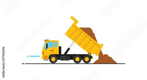 Yellow dump truck unloading soil or dirt, shown in a flat vector illustration style.