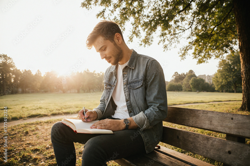 Fototapeta premium Hombre escribiendo en un parque al atardecer
