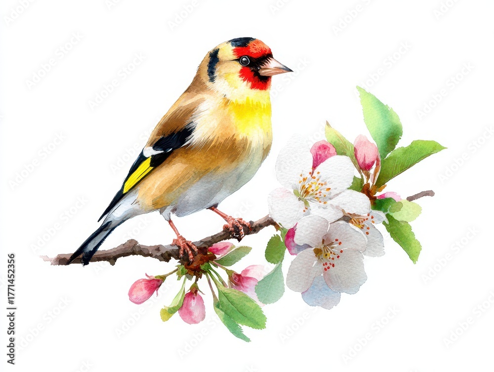 Obraz premium Watercolor Goldfinch. American Goldfinch Bird Sitting on Flower Branch Hand Painted Greeting Card Illustration