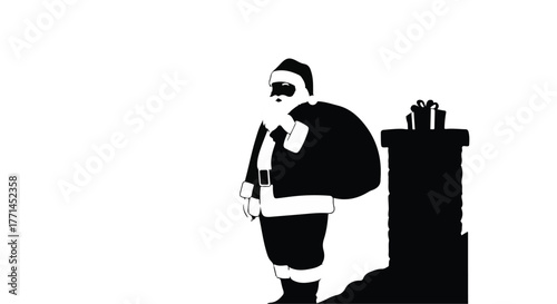 Santa Claus silhouette carrying a gift bag near a chimney with presents