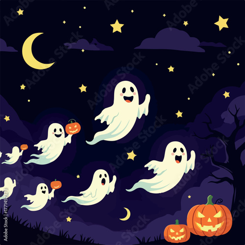 Ghost parade with happy faces, Halloween flat illustration
