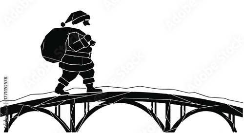 Santa Claus carrying a large sack of gifts walks across a snowy bridge.